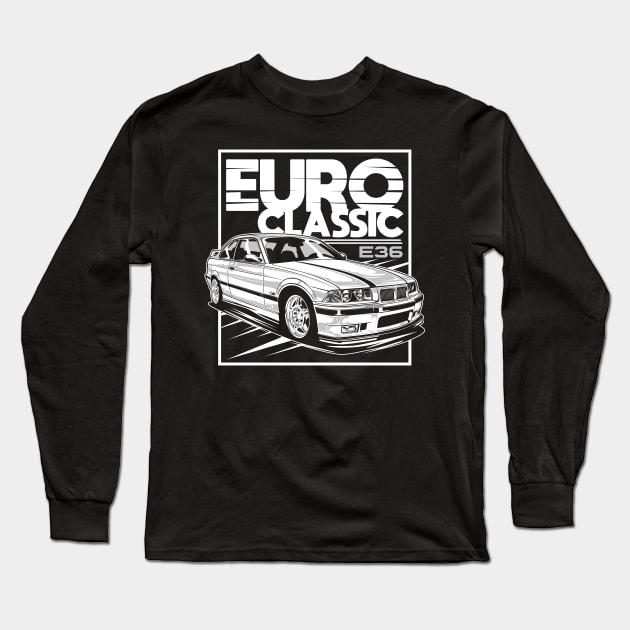 Classic Euro Car M3 E36 (White Print) Long Sleeve T-Shirt by idrdesign